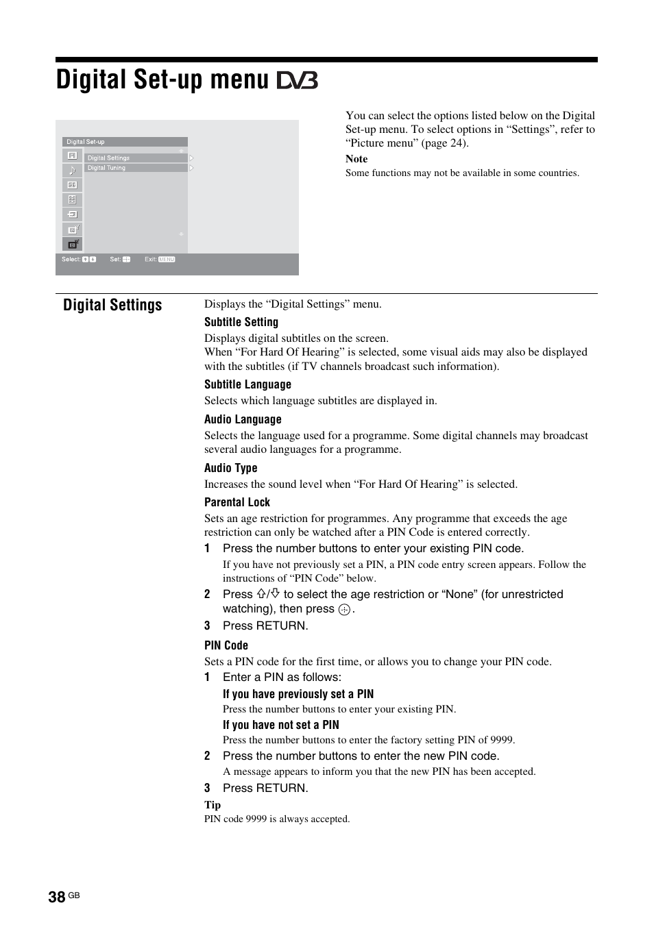 Digital set-up menu, Digital settings | Sony KDL-52X2000 User Manual | Page 38 / 160