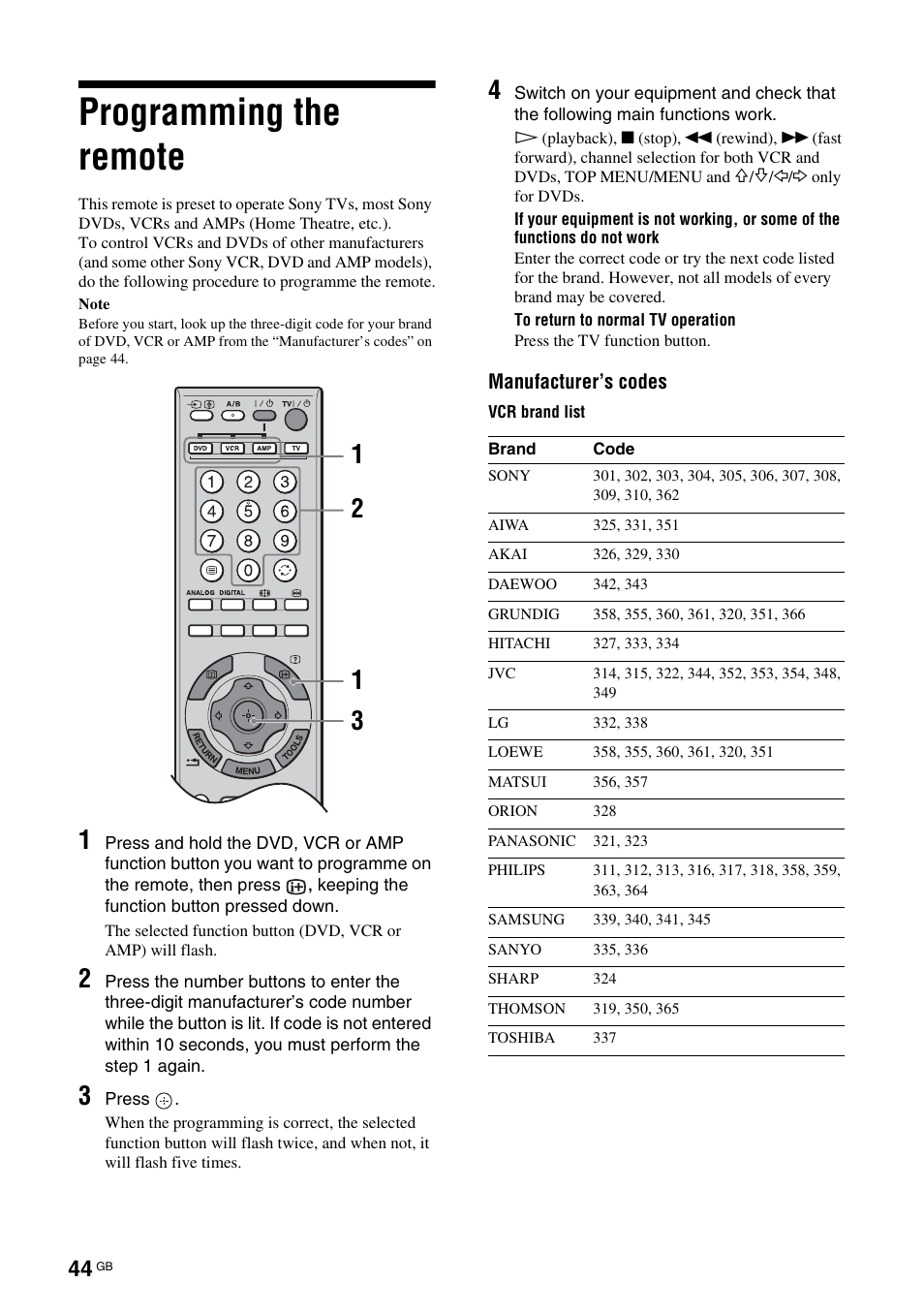 Programming the remote | Sony KDL-52X2000 User Manual | Page 44 / 160