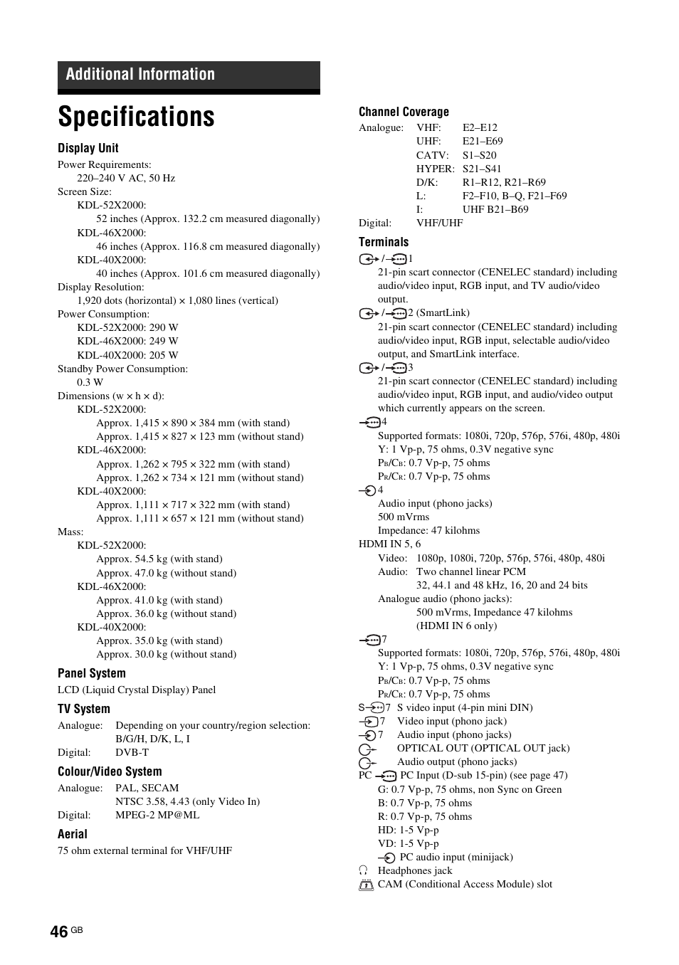 Additional information, Specifications | Sony KDL-52X2000 User Manual | Page 46 / 160