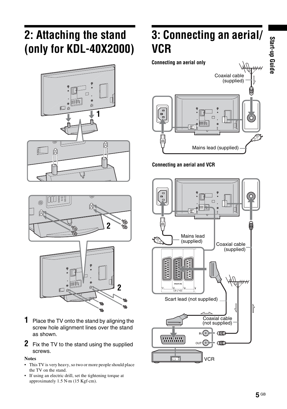 Connecting an aerial/ vcr | Sony KDL-52X2000 User Manual | Page 5 / 160