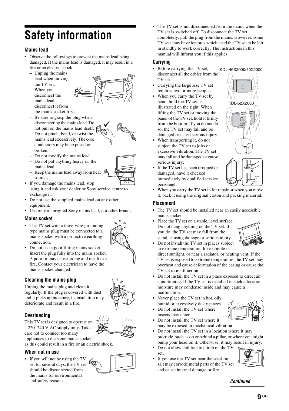 Safety information | Sony KDL-52X2000 User Manual | Page 9 / 160