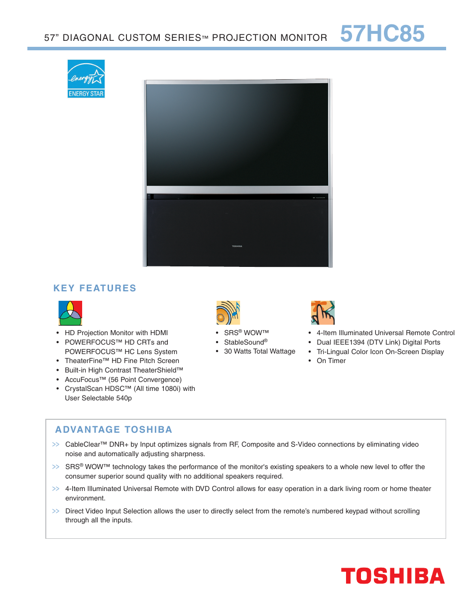 Toshiba 57HC85 User Manual | 2 pages