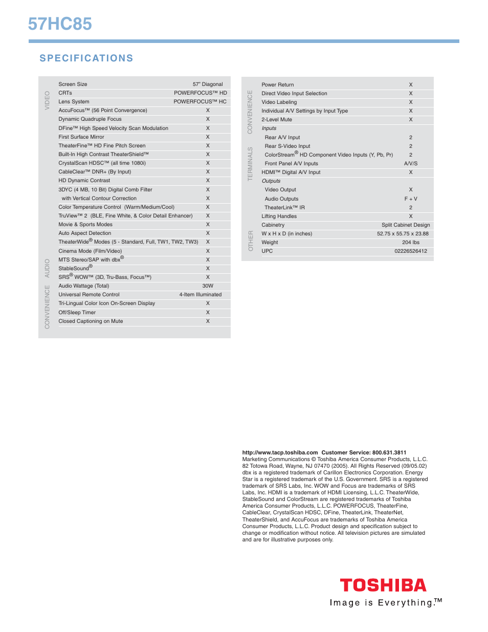 57hc85 | Toshiba 57HC85 User Manual | Page 2 / 2