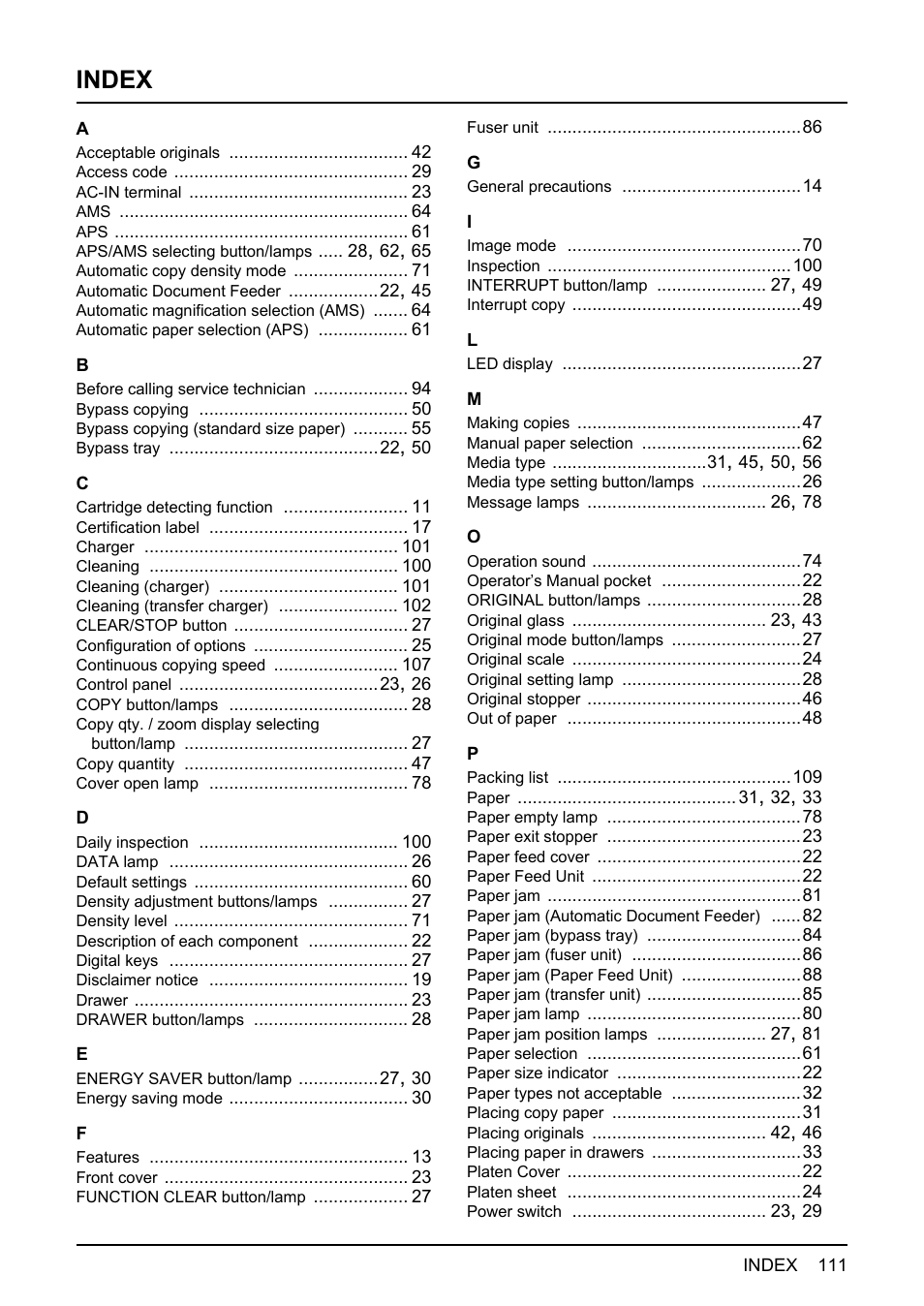 Index | Toshiba e-STUDIO166 User Manual | Page 113 / 116