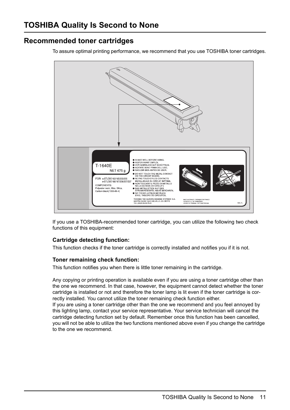 Toshiba quality is second to none, Recommended toner cartridges | Toshiba e-STUDIO166 User Manual | Page 13 / 116