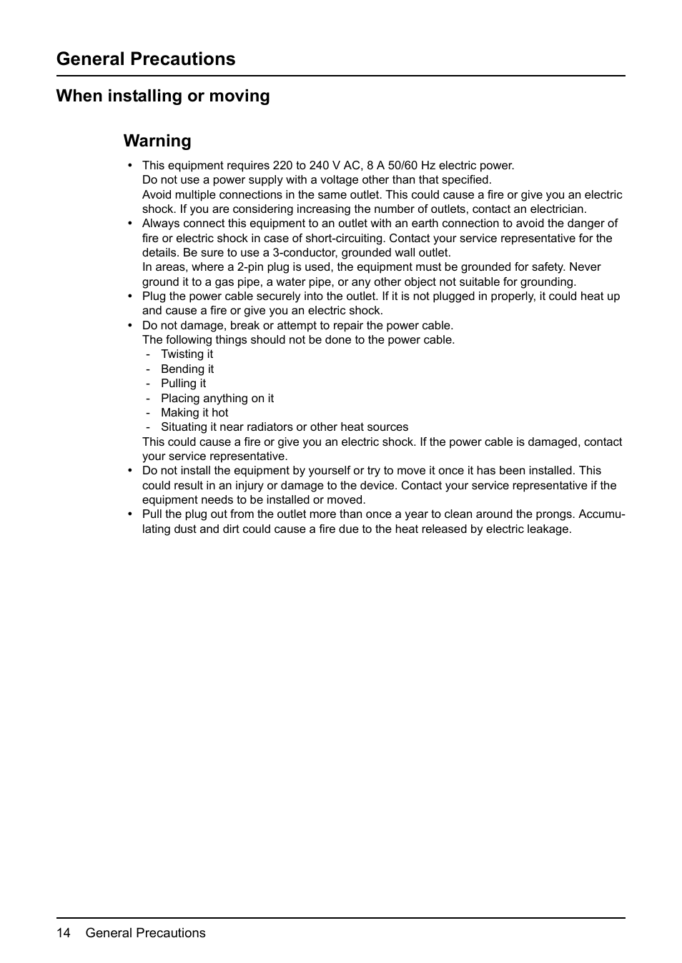 General precautions, When installing or moving, When installing or moving warning | Toshiba e-STUDIO166 User Manual | Page 16 / 116