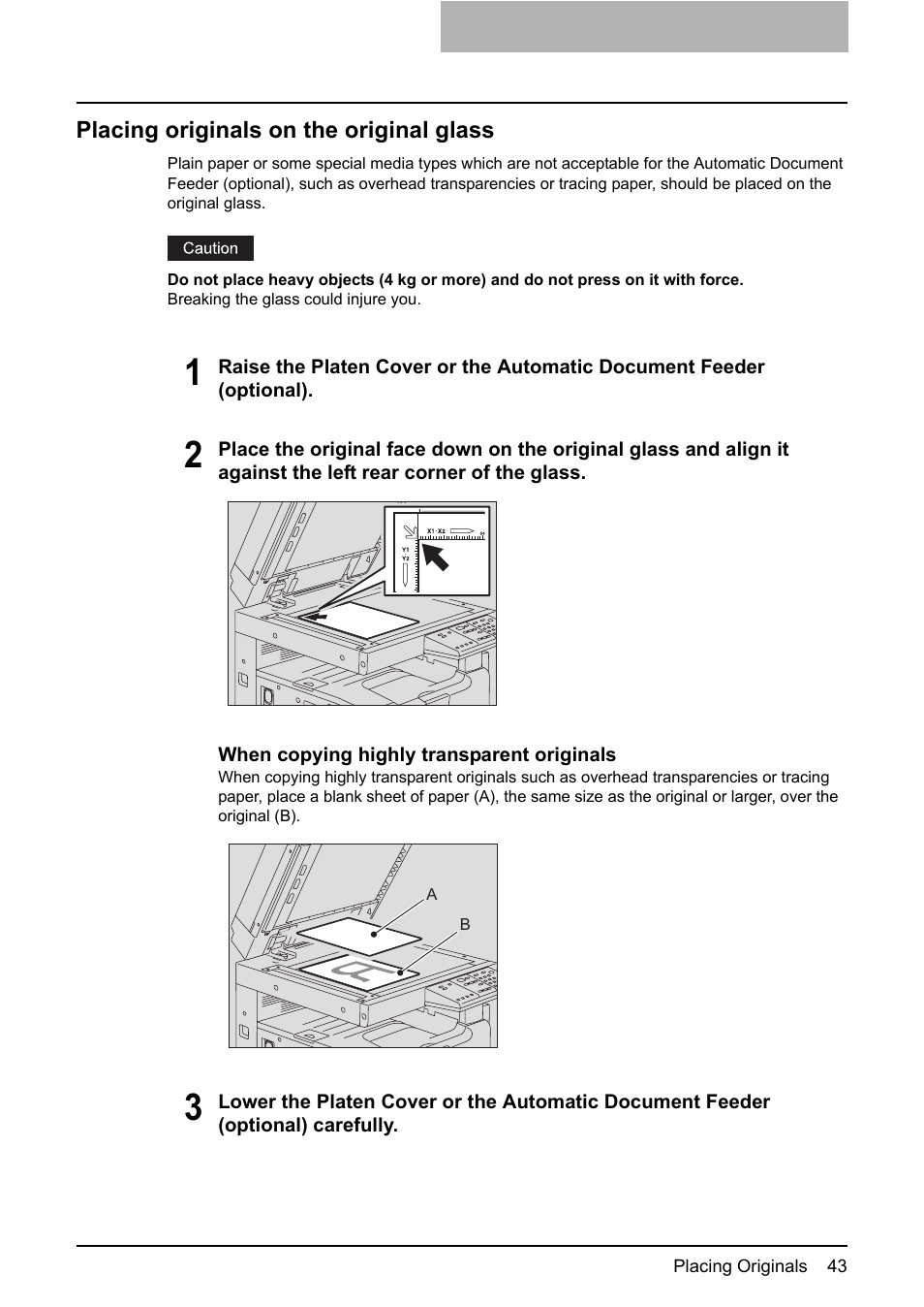 Placing originals on the original glass | Toshiba e-STUDIO166 User Manual | Page 45 / 116