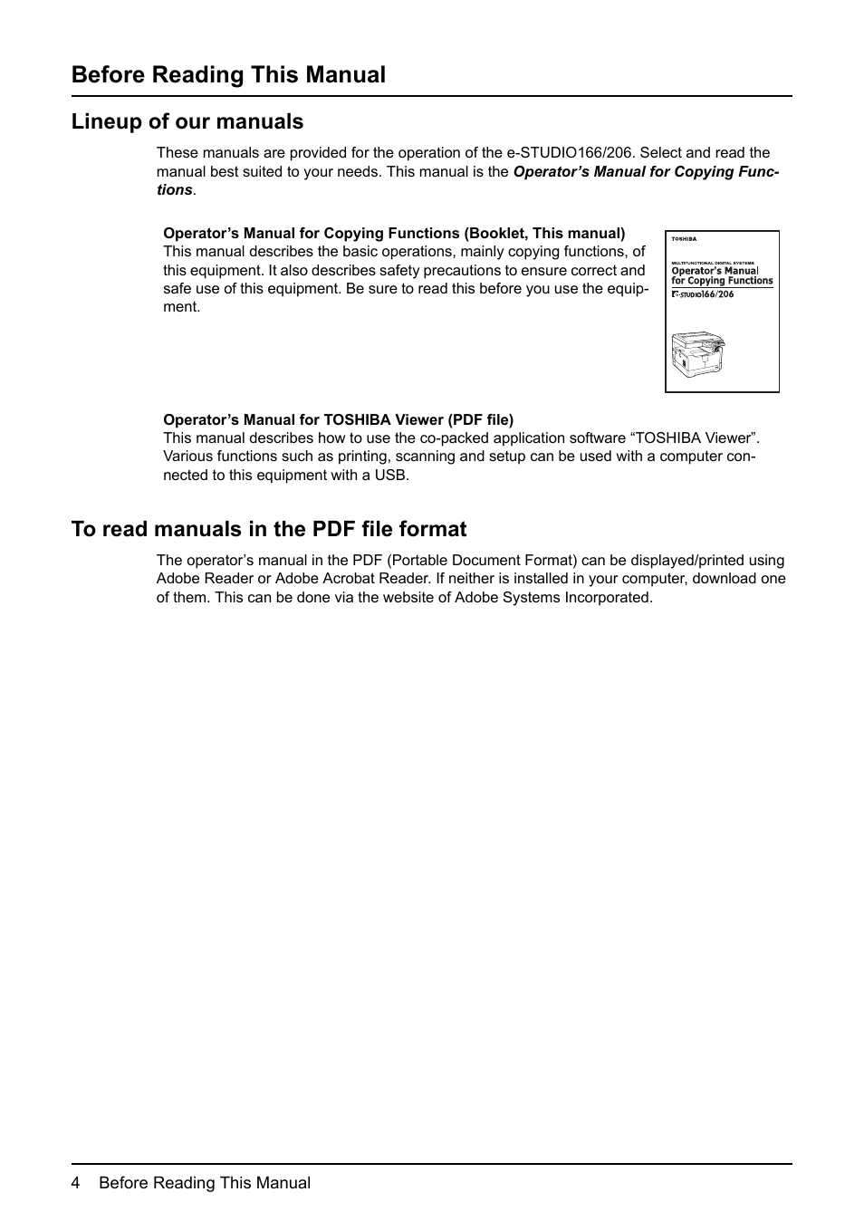 Before reading this manual, Lineup of our manuals, To read manuals in the pdf file format | Toshiba e-STUDIO166 User Manual | Page 6 / 116