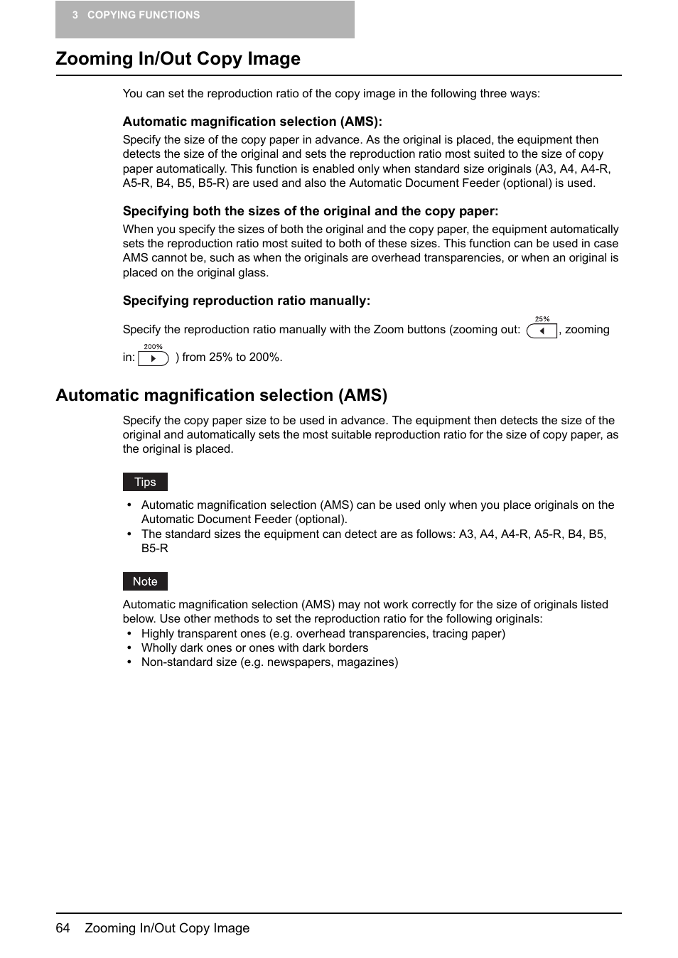 Zooming in/out copy image, Automatic magnification selection (ams), P.64 “zooming in/out copy image | P.64 “automatic magnification selection (ams) | Toshiba e-STUDIO166 User Manual | Page 66 / 116