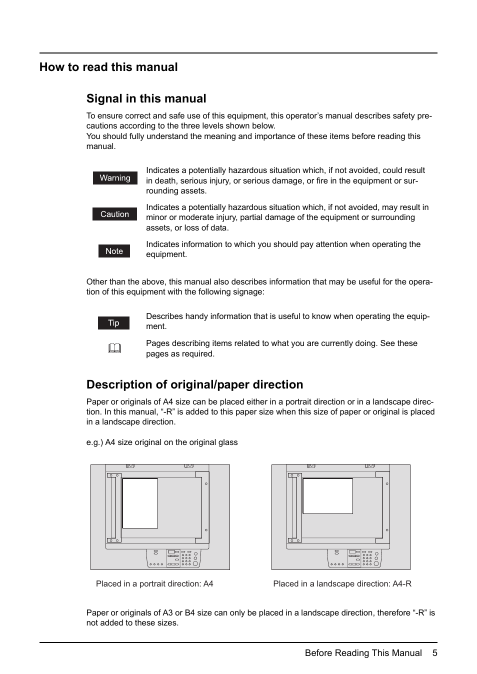 How to read this manual, How to read this manual signal in this manual, Description of original/paper direction | Toshiba e-STUDIO166 User Manual | Page 7 / 116