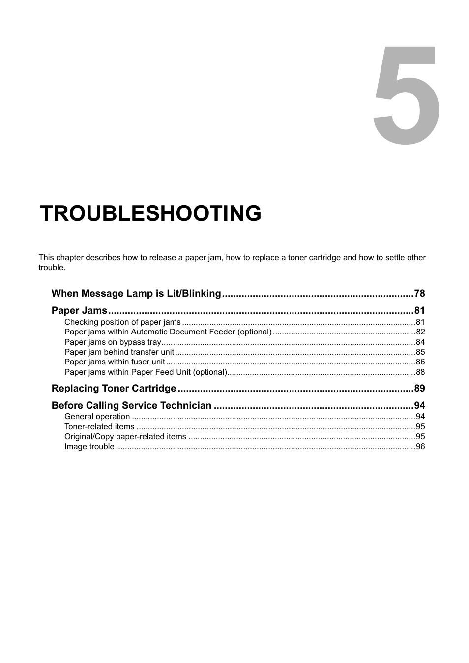 Troubleshooting, Chapter 5 | Toshiba e-STUDIO166 User Manual | Page 79 / 116