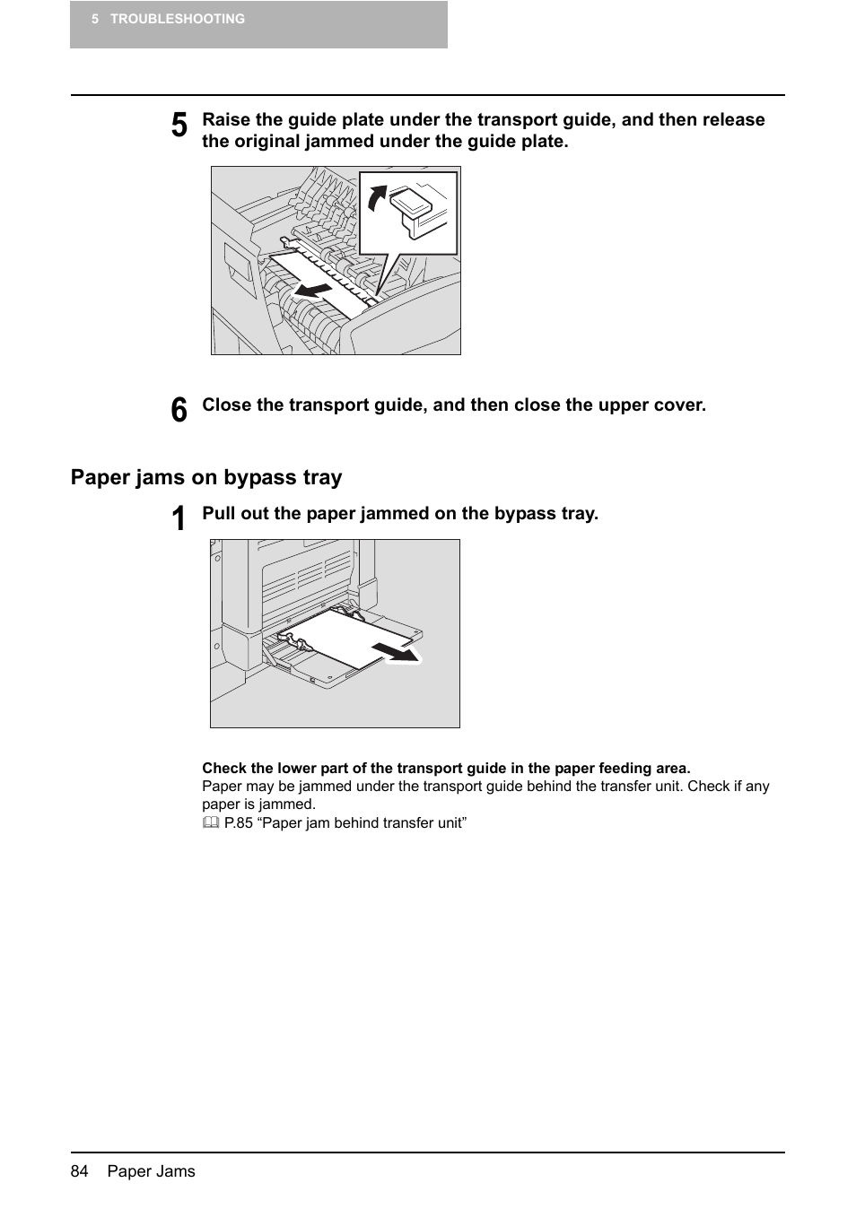 Paper jams on bypass tray, P.84 “paper jams on bypass tray, P.84) | Toshiba e-STUDIO166 User Manual | Page 86 / 116