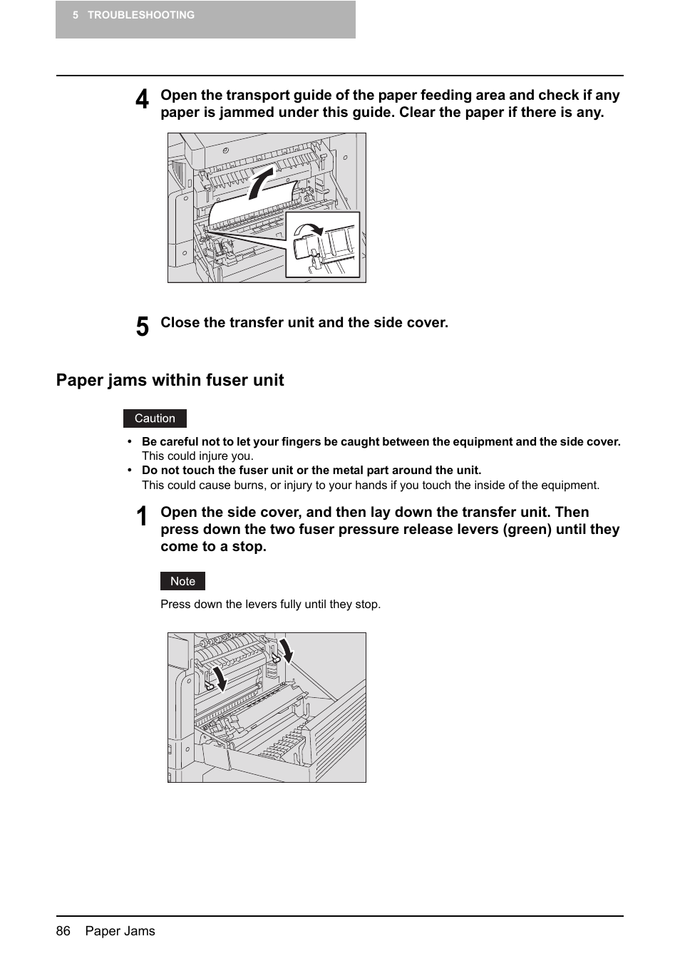 Paper jams within fuser unit, It ( p.86) | Toshiba e-STUDIO166 User Manual | Page 88 / 116