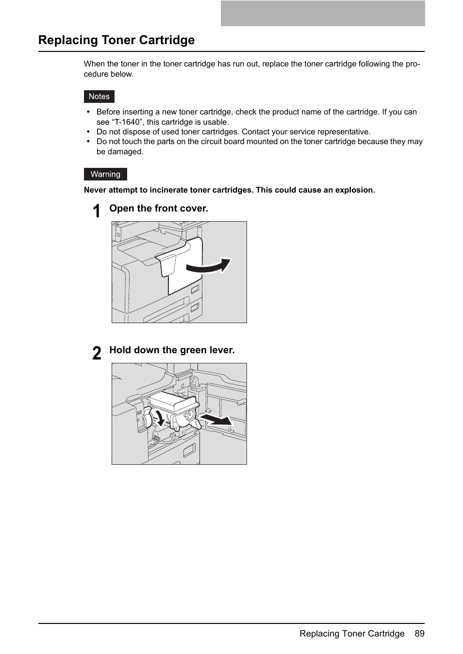 Replacing toner cartridge, P.89 “replacing toner cartridge | Toshiba e-STUDIO166 User Manual | Page 91 / 116