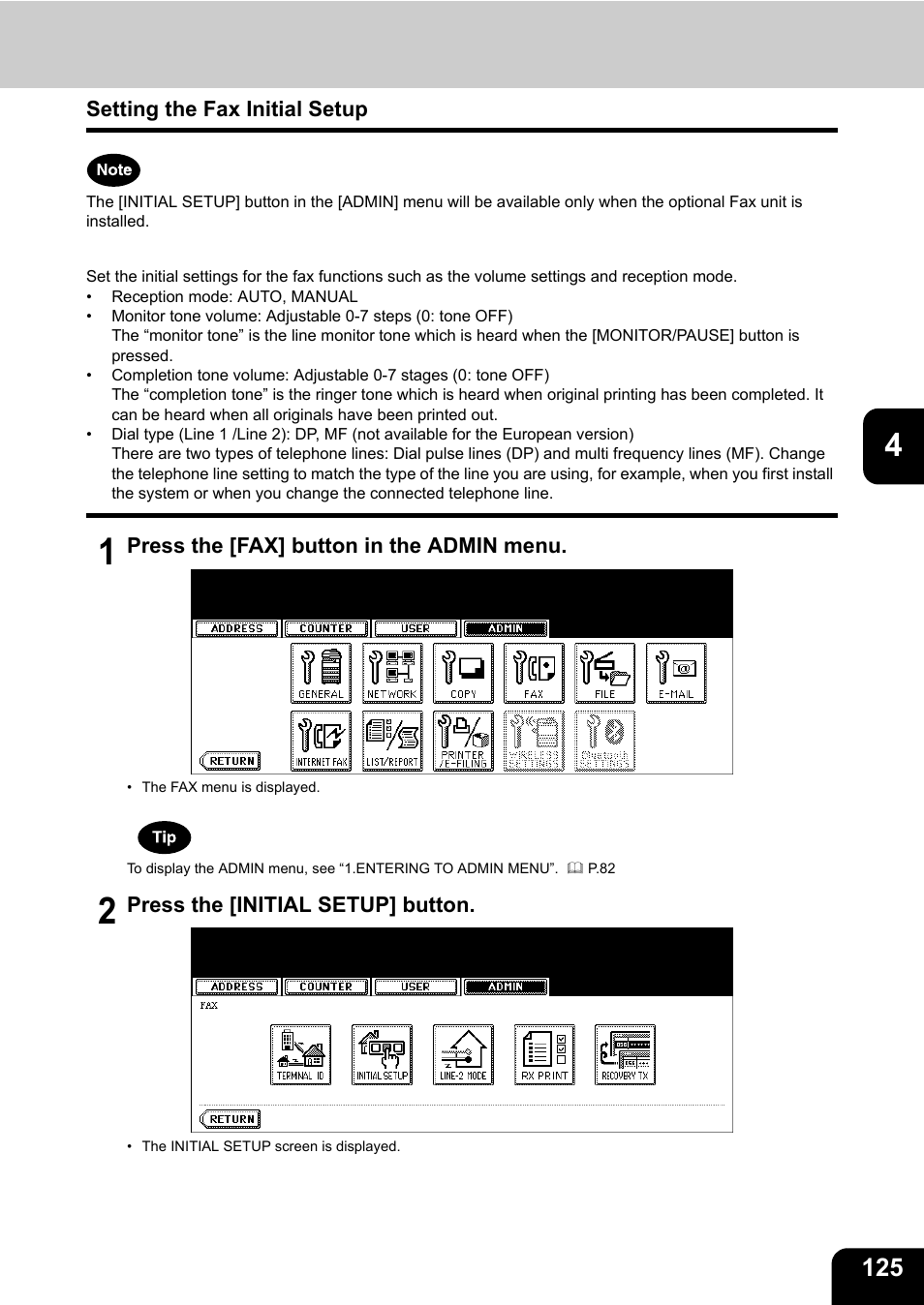 Setting the fax initial setup | Toshiba E-STUDIO 232 User Manual | Page 127 / 182