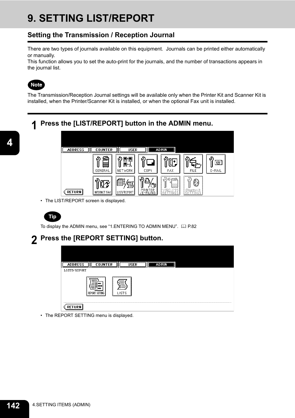 Setting list/report, Setting the transmission / reception journal, P.142 “9.setting list/report | Toshiba E-STUDIO 232 User Manual | Page 144 / 182
