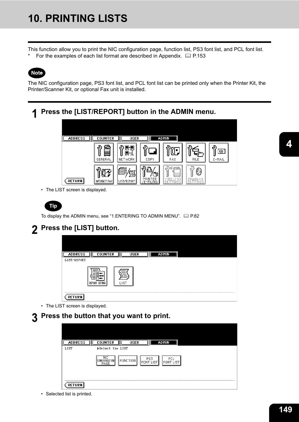 Printing lists, P.149 “10.printing lists | Toshiba E-STUDIO 232 User Manual | Page 151 / 182