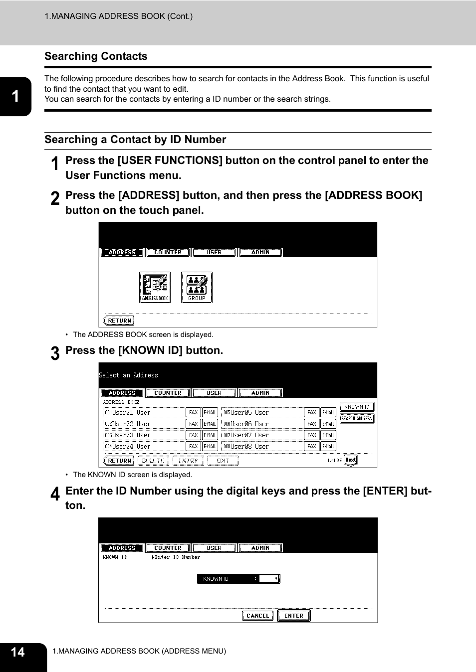 Searching contacts, Searching a contact by id number, P.14 “searching contacts | Toshiba E-STUDIO 232 User Manual | Page 16 / 182