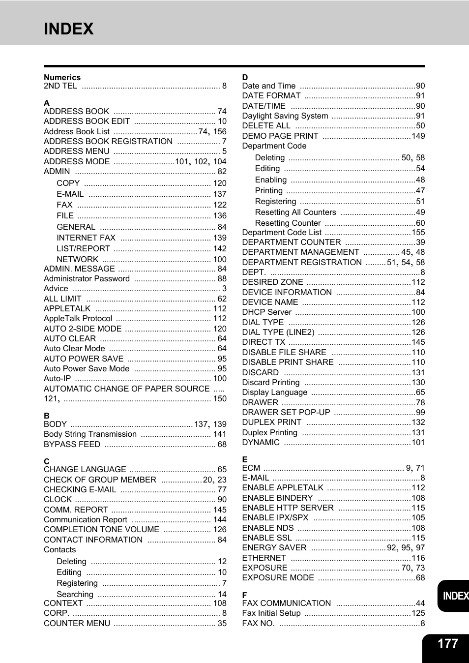 Index | Toshiba E-STUDIO 232 User Manual | Page 179 / 182