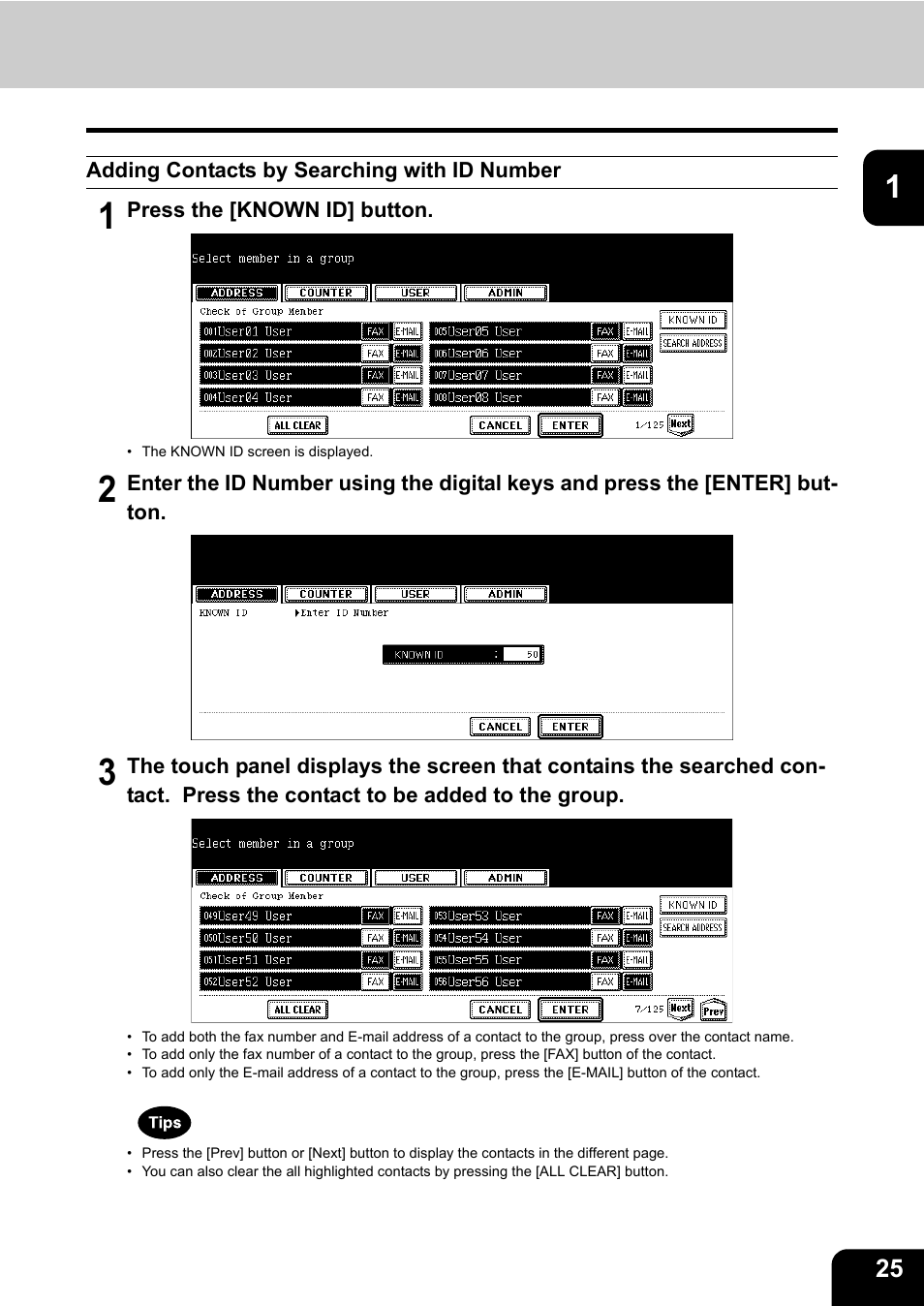 Adding contacts by searching with id number, See “adding contacts by searching with id num, Ber”. p.25 | Toshiba E-STUDIO 232 User Manual | Page 27 / 182