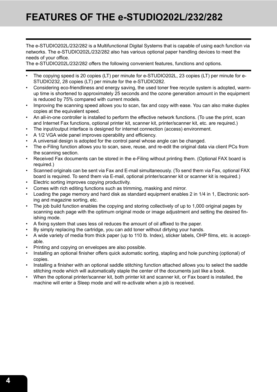 Features of the e-studio202l/232/282 | Toshiba E-STUDIO 232 User Manual | Page 6 / 182