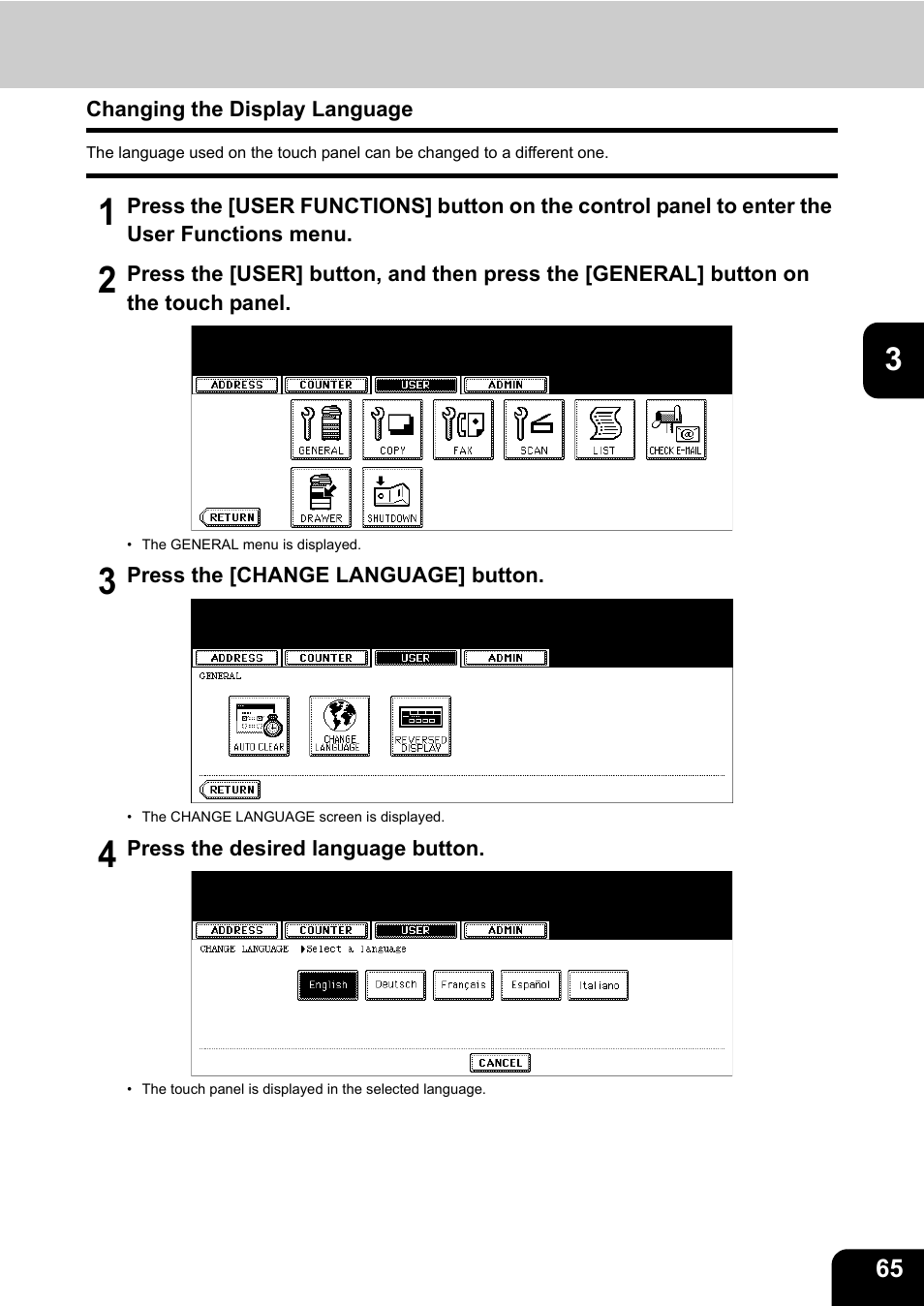 Changing the display language | Toshiba E-STUDIO 232 User Manual | Page 67 / 182