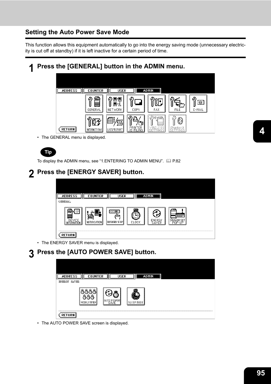 Setting the auto power save mode | Toshiba E-STUDIO 232 User Manual | Page 97 / 182
