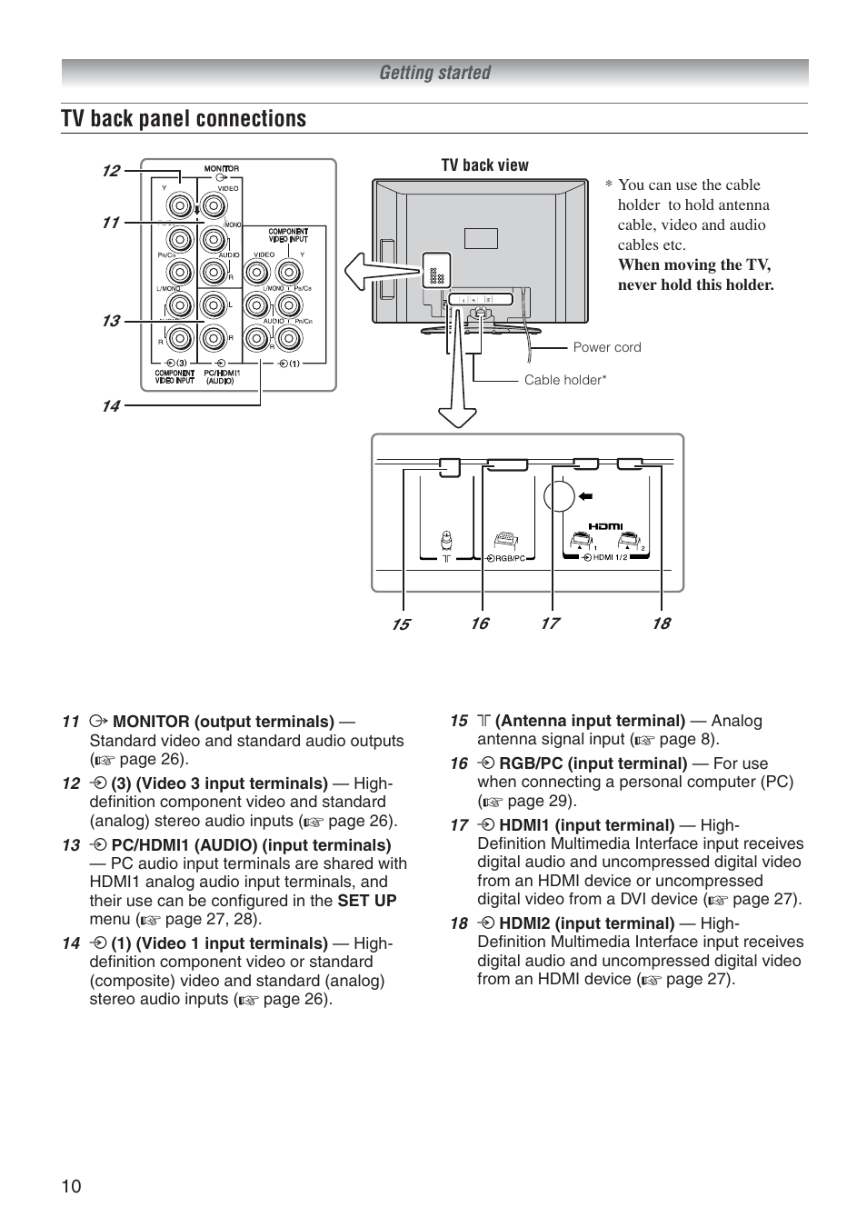 Tv back panel connections | Toshiba 37A3500A User Manual | Page 10 / 36