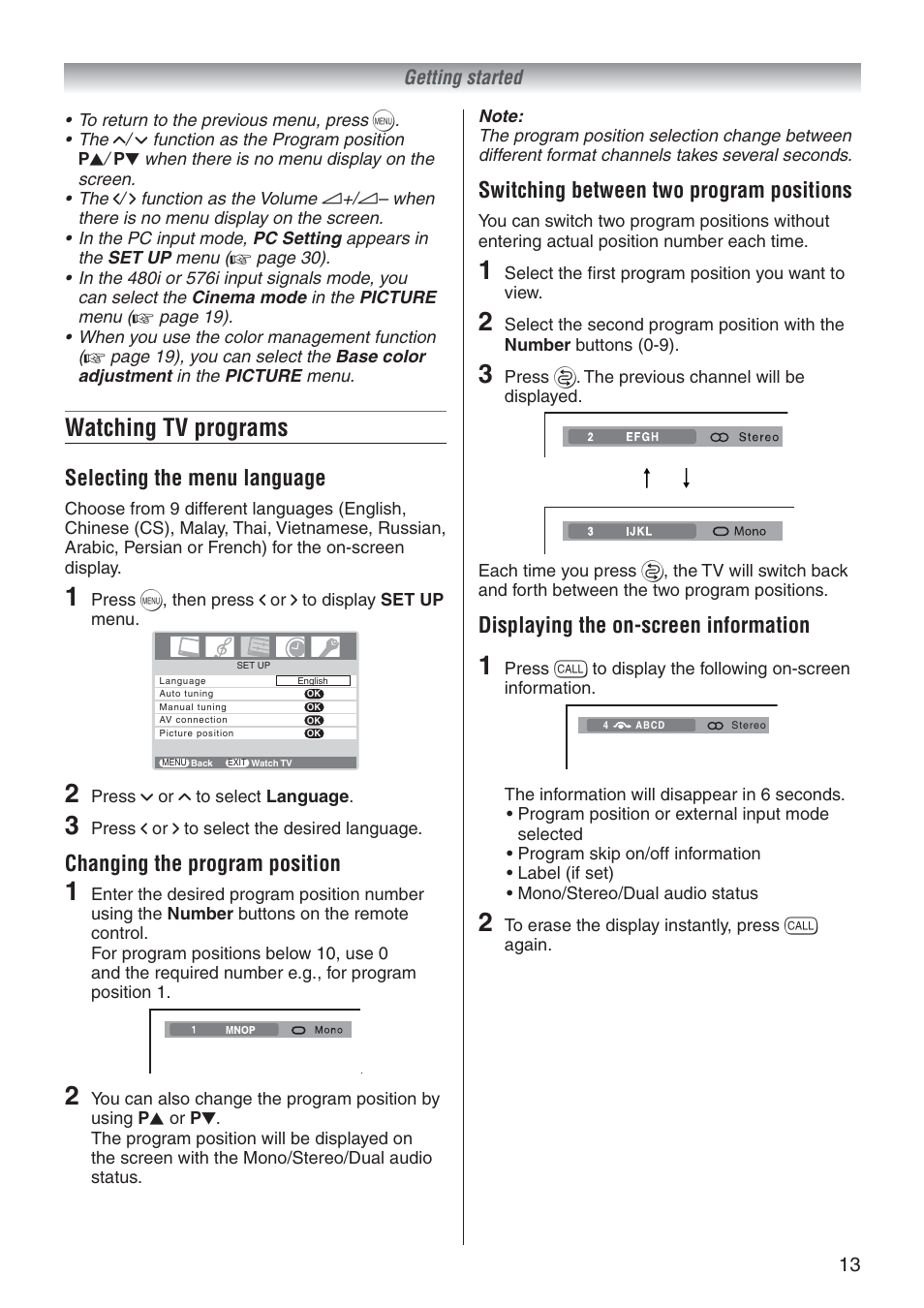 Watching tv programs, Selecting the menu language, Changing the program position | Switching between two program positions, Displaying the on-screen information | Toshiba 37A3500A User Manual | Page 13 / 36