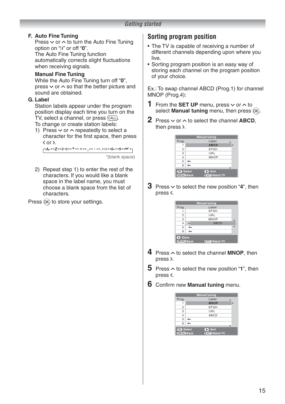 Sorting program position, Getting started, Press u to select the channel mnop , then press i | Conﬁrm new manual tuning menu | Toshiba 37A3500A User Manual | Page 15 / 36