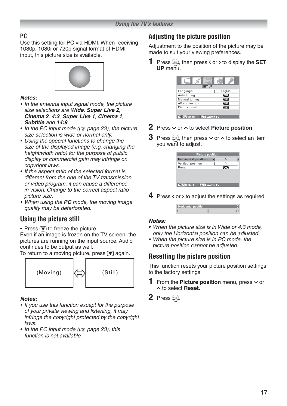 Using the picture still, Adjusting the picture position, Resetting the picture position | 17 using the tv’s features pc | Toshiba 37A3500A User Manual | Page 17 / 36