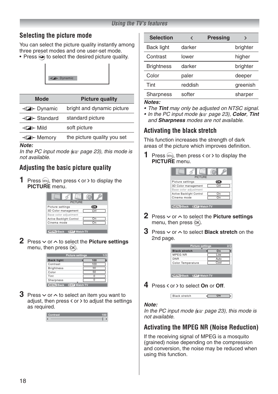 Selecting the picture mode, Adjusting the basic picture quality, Activating the black stretch | Activating the mpeg nr (noise reduction), 18 using the tv’s features, Press i or i to select on or off | Toshiba 37A3500A User Manual | Page 18 / 36