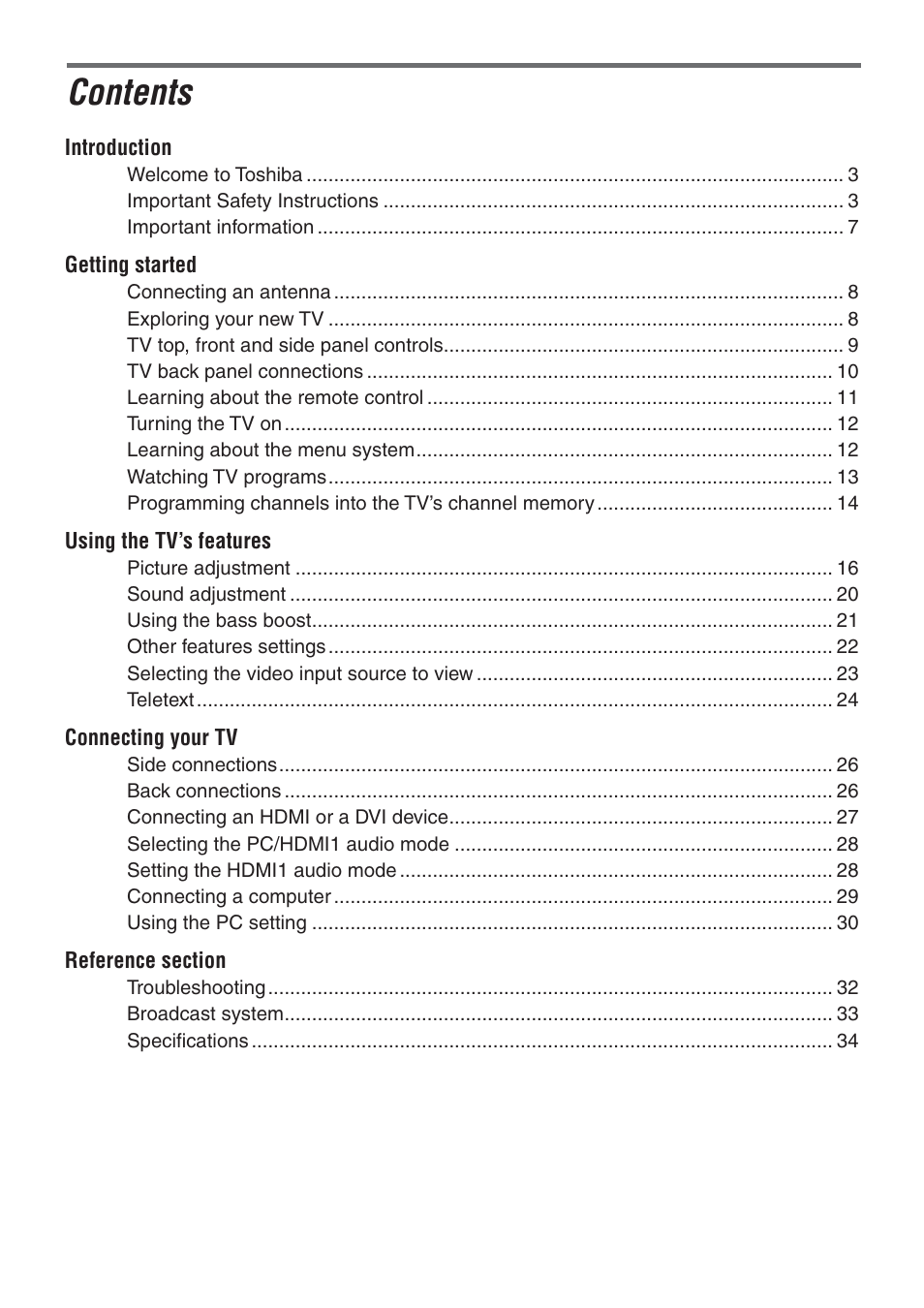 Toshiba 37A3500A User Manual | Page 2 / 36