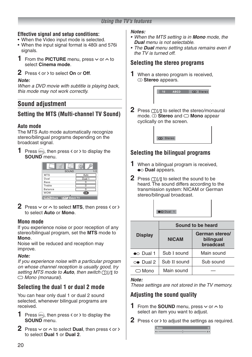 Sound adjustment, Selecting the stereo programs, Selecting the bilingual programs | Adjusting the sound quality, Setting the mts (multi-channel tv sound), Selecting the dual 1 or dual 2 mode | Toshiba 37A3500A User Manual | Page 20 / 36