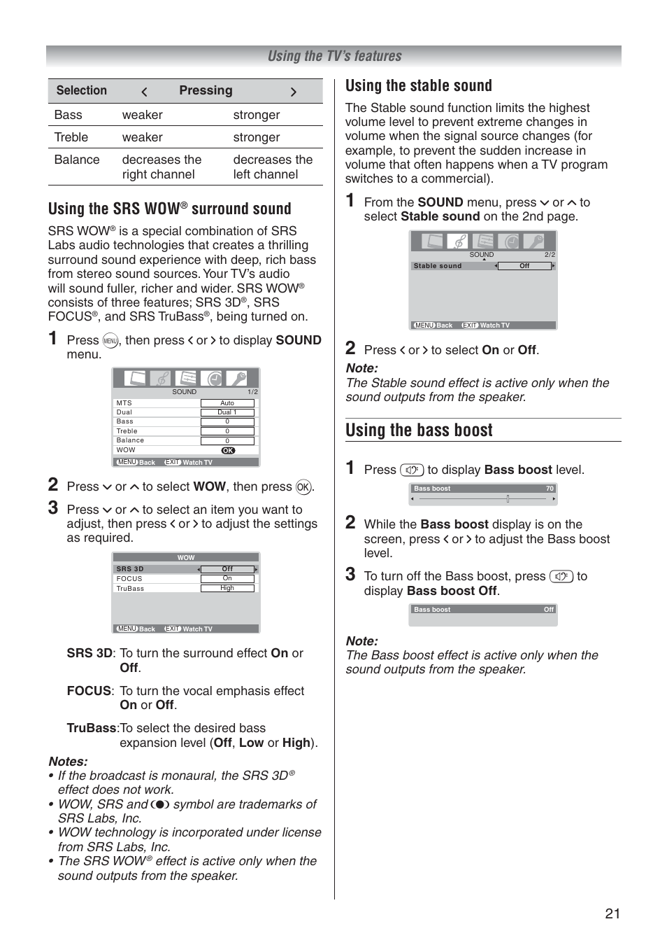 Using the bass boost, Using the srs wow, Surround sound | Using the stable sound, 21 using the tv’s features | Toshiba 37A3500A User Manual | Page 21 / 36