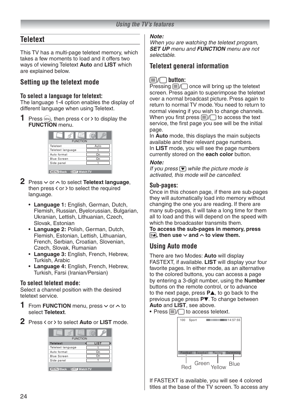 Teletext, Setting up the teletext mode, Teletext general information | Using auto mode, Using the tv’s features, E button, Sub-pages | Toshiba 37A3500A User Manual | Page 24 / 36