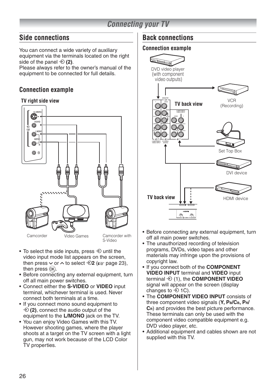 Connecting your tv, Side connections, Back connections | Connection example, Tv right side view, Tv back view, With component video outputs), Dvd video player, Set top box vcr (recording) dvi device hdmi device | Toshiba 37A3500A User Manual | Page 26 / 36