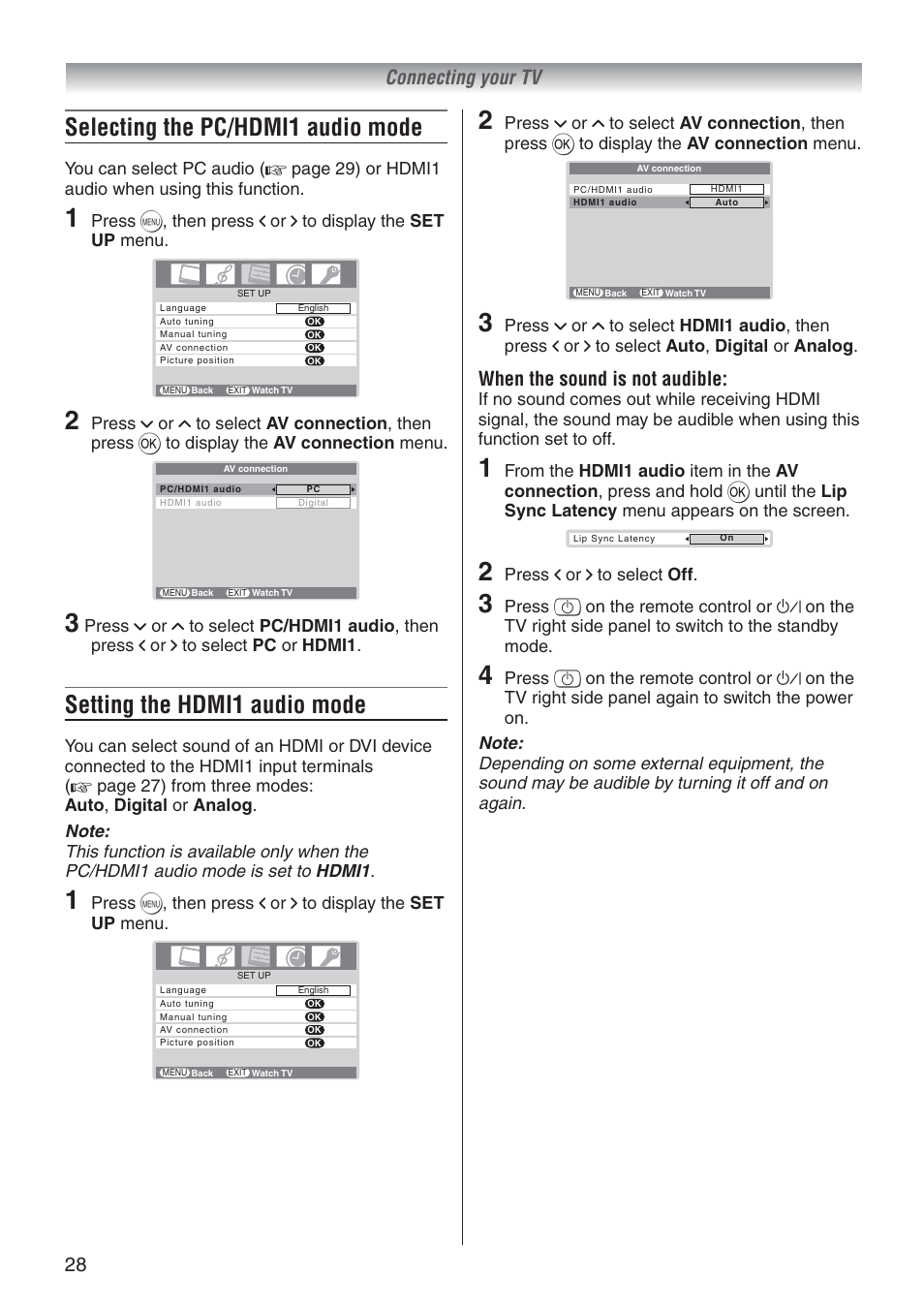 Selecting the pc/hdmi1 audio mode, Setting the hdmi1 audio mode, 28 connecting your tv | When the sound is not audible, Press i or i to select off | Toshiba 37A3500A User Manual | Page 28 / 36