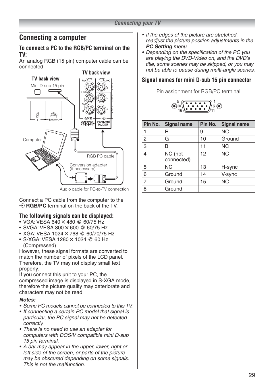 Connecting a computer | Toshiba 37A3500A User Manual | Page 29 / 36