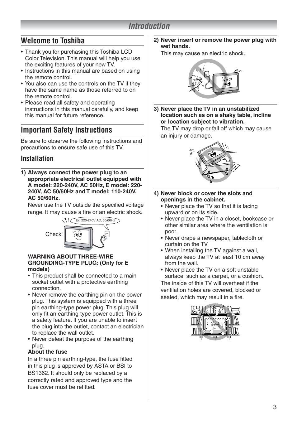 Introduction, Welcome to toshiba, Important safety instructions | Installation | Toshiba 37A3500A User Manual | Page 3 / 36