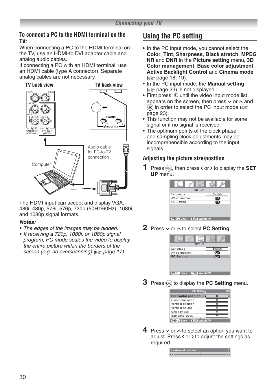 Using the pc setting, Adjusting the picture size/position, Press u or u to select pc setting | Press q to display the pc setting menu | Toshiba 37A3500A User Manual | Page 30 / 36