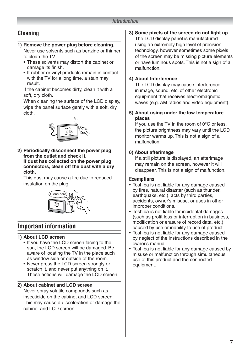 Important information, Cleaning | Toshiba 37A3500A User Manual | Page 7 / 36