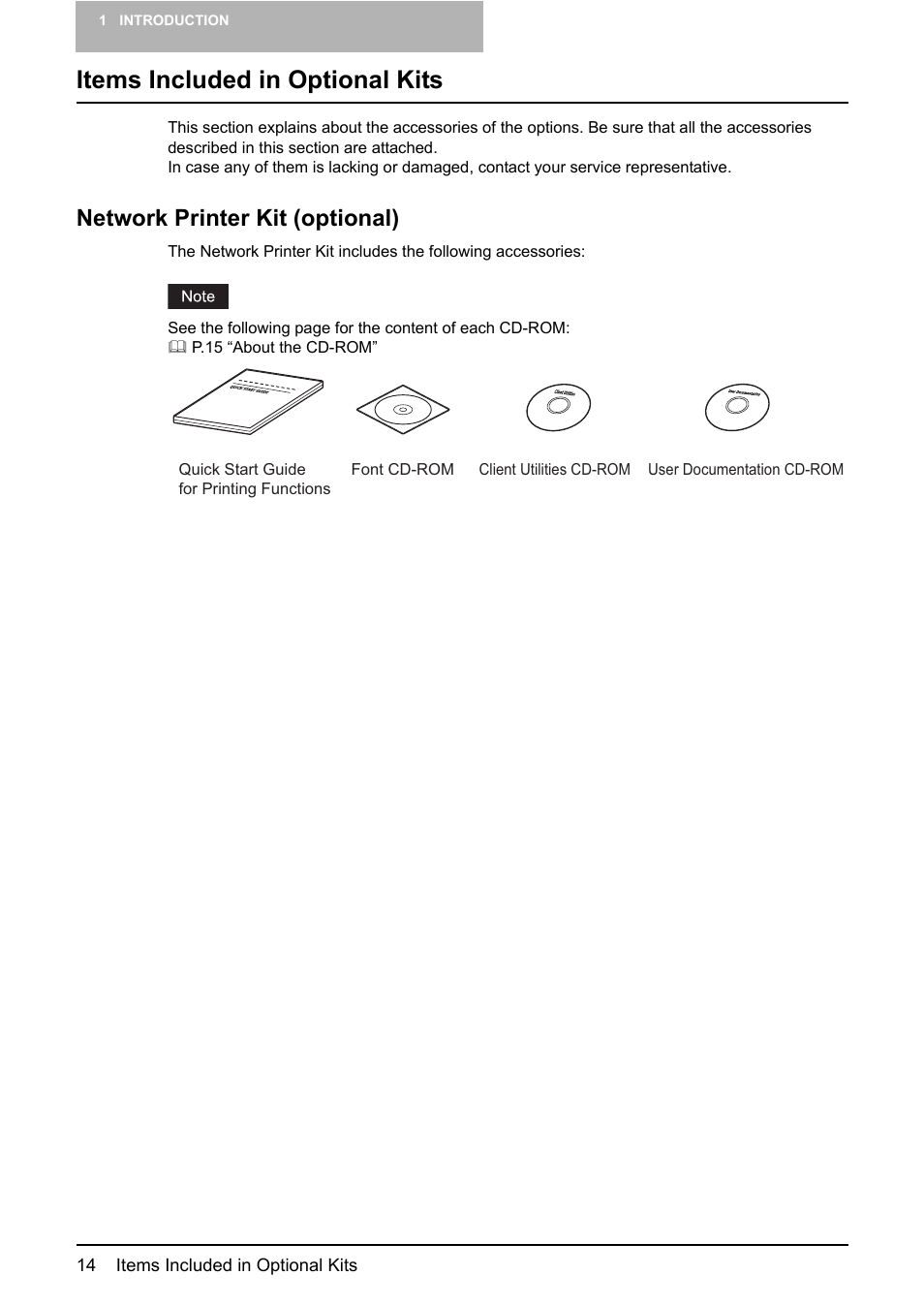 Items included in optional kits, Network printer kit (optional) | Toshiba E-STUDIO 165 User Manual | Page 14 / 62