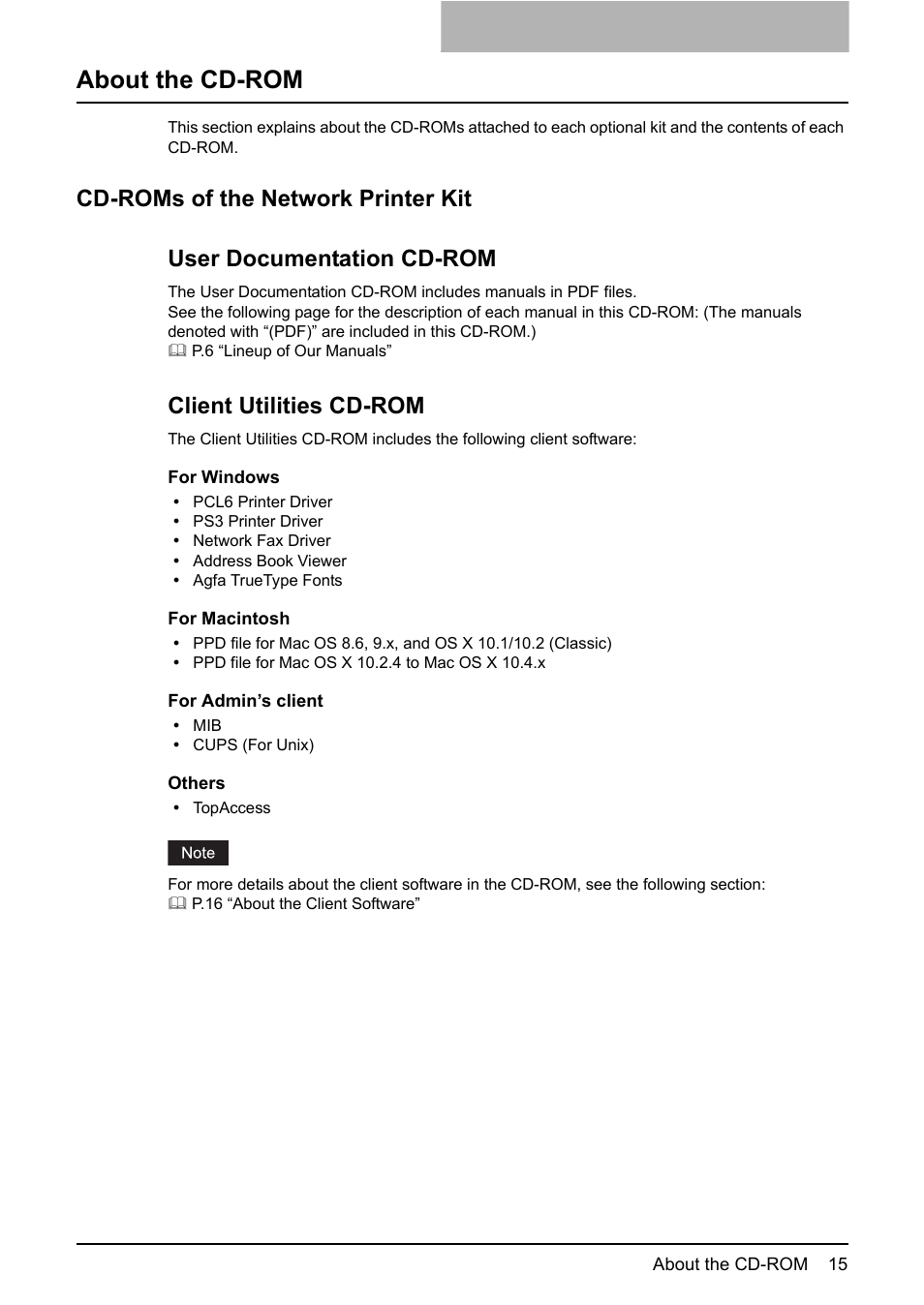 About the cd-rom, Cd-roms of the network printer kit, Client utilities cd-rom | Toshiba E-STUDIO 165 User Manual | Page 15 / 62