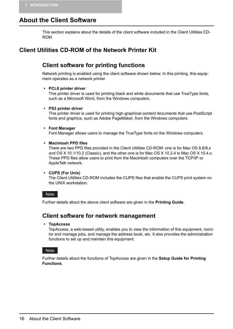 About the client software, Client utilities cd-rom of the network printer kit, Client software for network management | Toshiba E-STUDIO 165 User Manual | Page 16 / 62