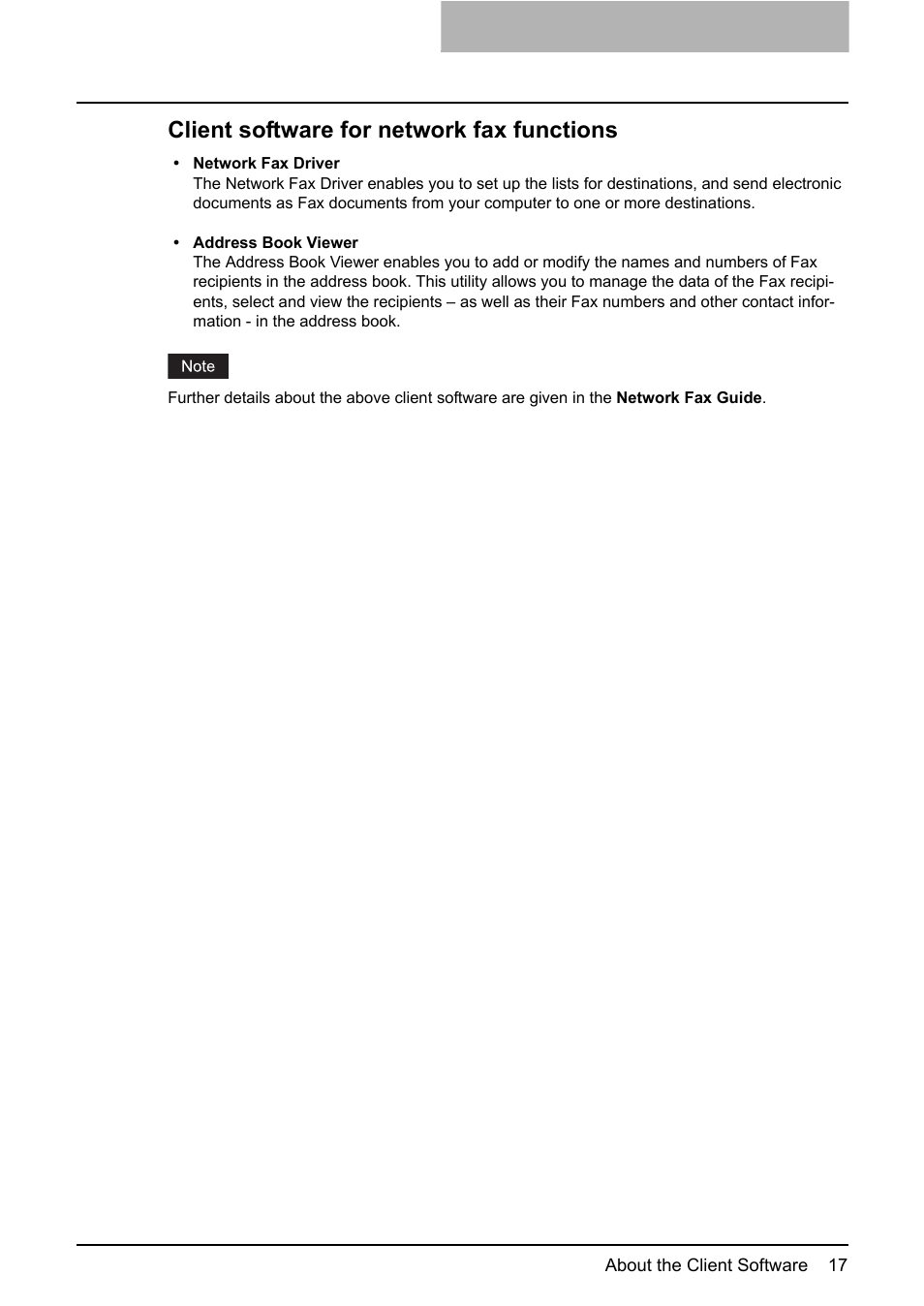 Client software for network fax functions | Toshiba E-STUDIO 165 User Manual | Page 17 / 62