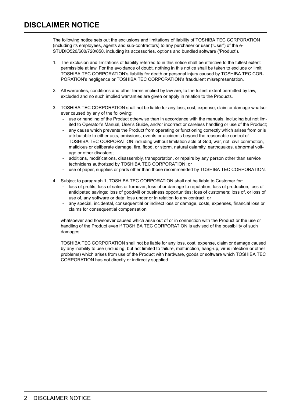 Disclaimer notice | Toshiba E-STUDIO 165 User Manual | Page 2 / 62
