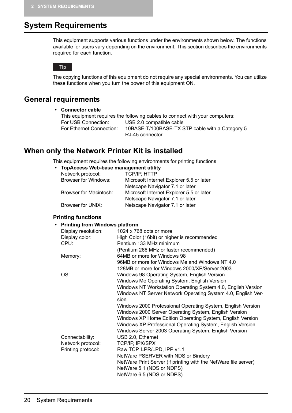 System requirements, General requirements, When only the network printer kit is installed | Toshiba E-STUDIO 165 User Manual | Page 20 / 62