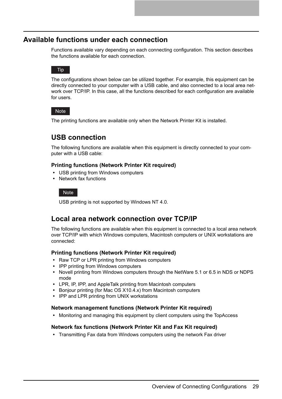 Available functions under each connection, Usb connection, Local area network connection over tcp/ip | Toshiba E-STUDIO 165 User Manual | Page 29 / 62