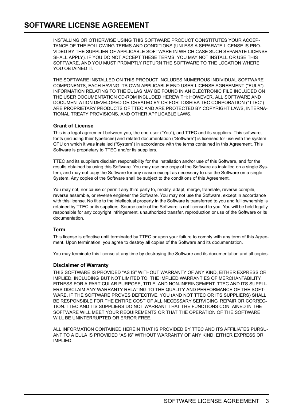 Software license agreement | Toshiba E-STUDIO 165 User Manual | Page 3 / 62